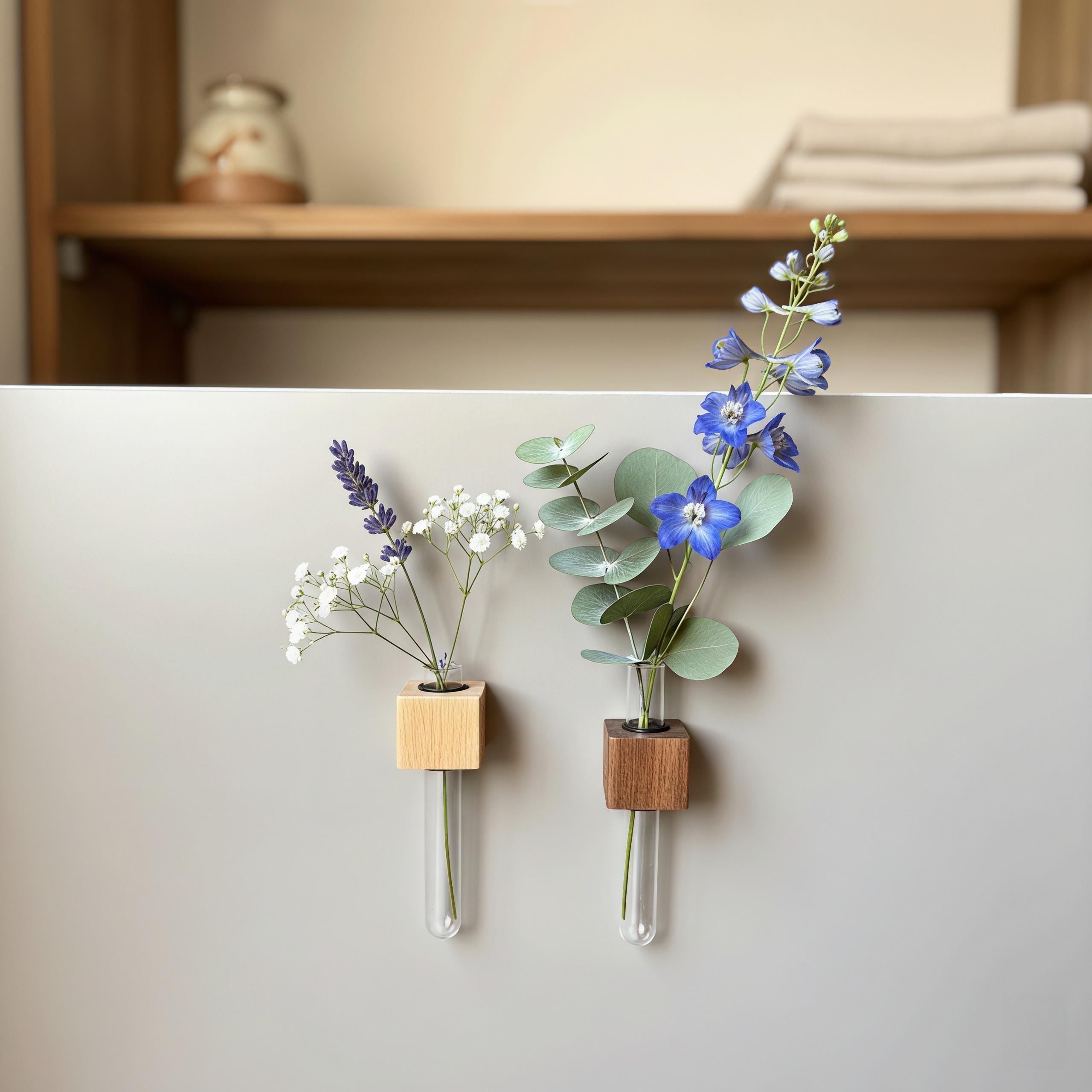 Minimalist Wood Propagation Tube | Magnetic and Adhesive Plant Holder | Walnut & Beech Bud Vase