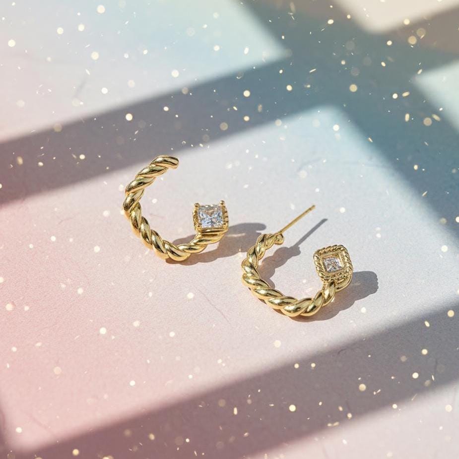 Gold Twisted Huggie Earrings – Minimalist CZ Hoop Earrings