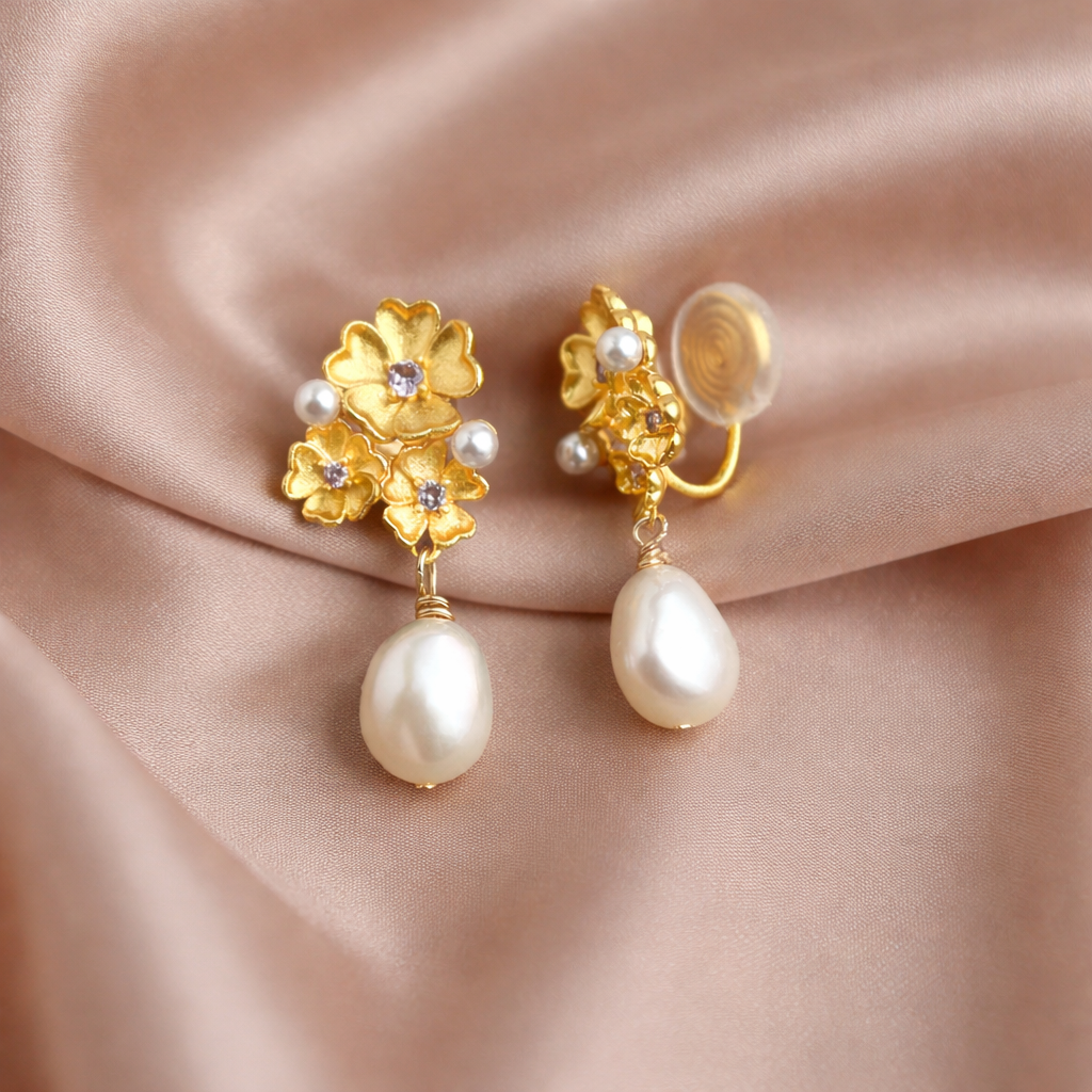 Baroque Pearl Flower Earrings | Morning Garden Elegance Jewelry, Embrace Imperfection, Pierced & Clip-On