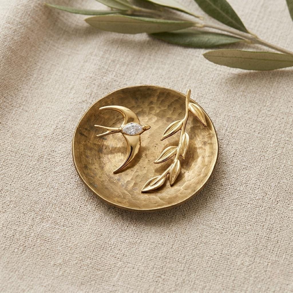 Asymmetrical Swallow & Olive Branch Earrings – 18K Gold Plated Bird Earrings with CZ