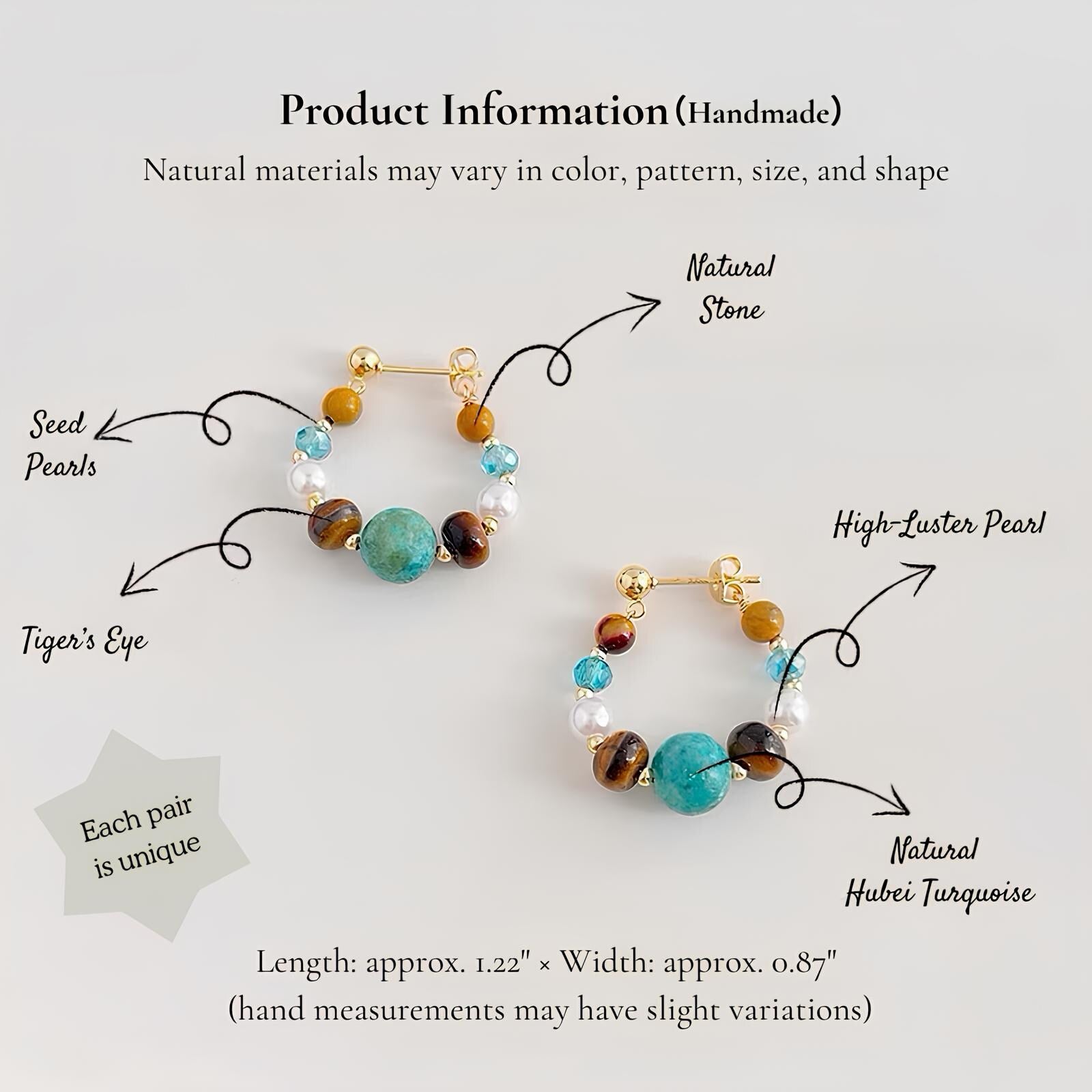 Gemstone and material details for handmade aquamarine and red agate earrings