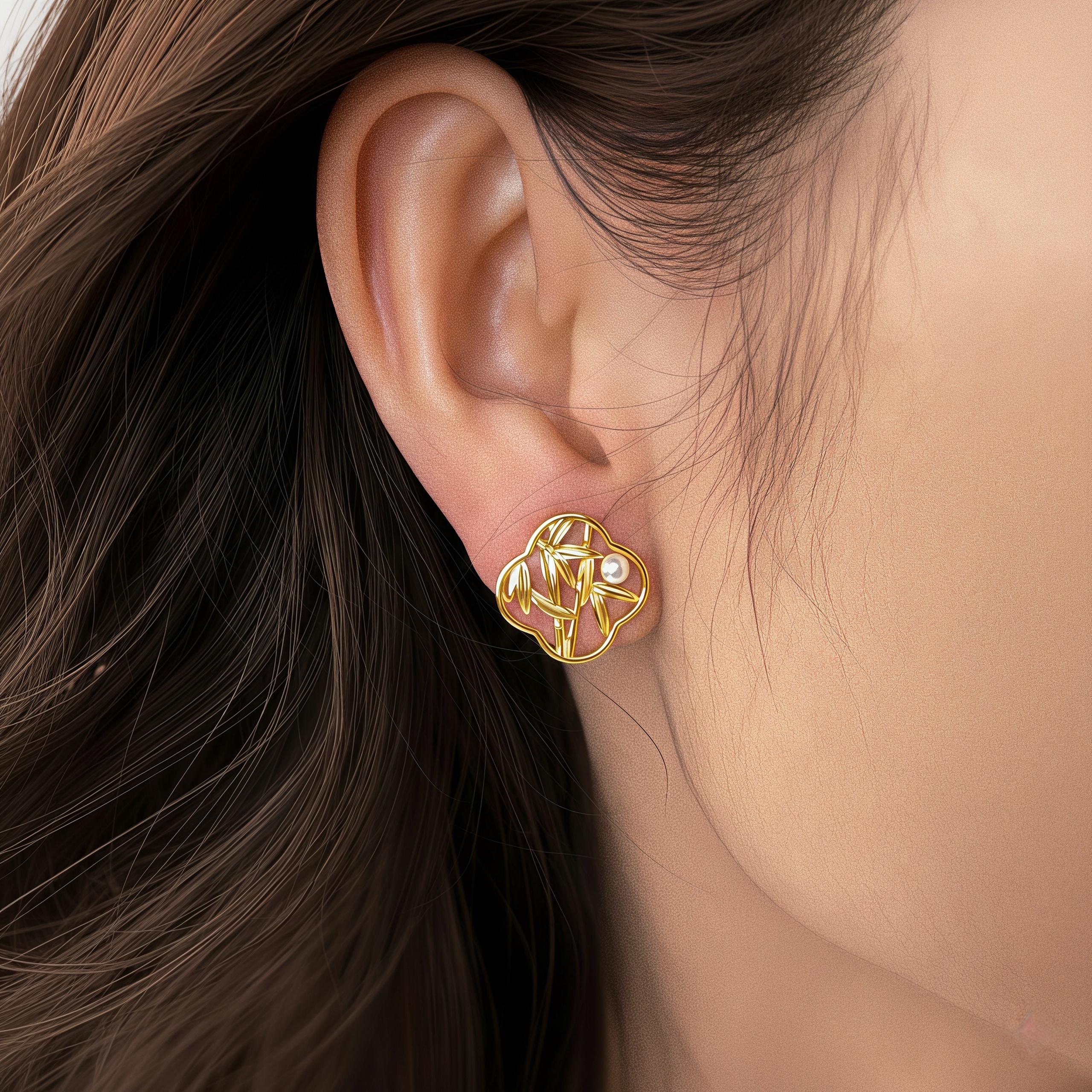 Oriental Bamboo Leaf Earrings – 18K Gold Plated Pearl Stud Earrings