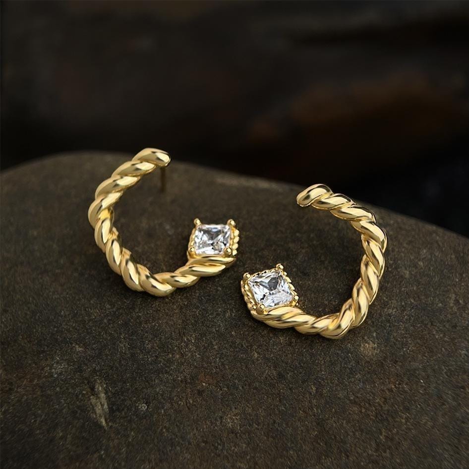 Gold Twisted Huggie Earrings – Minimalist CZ Hoop Earrings