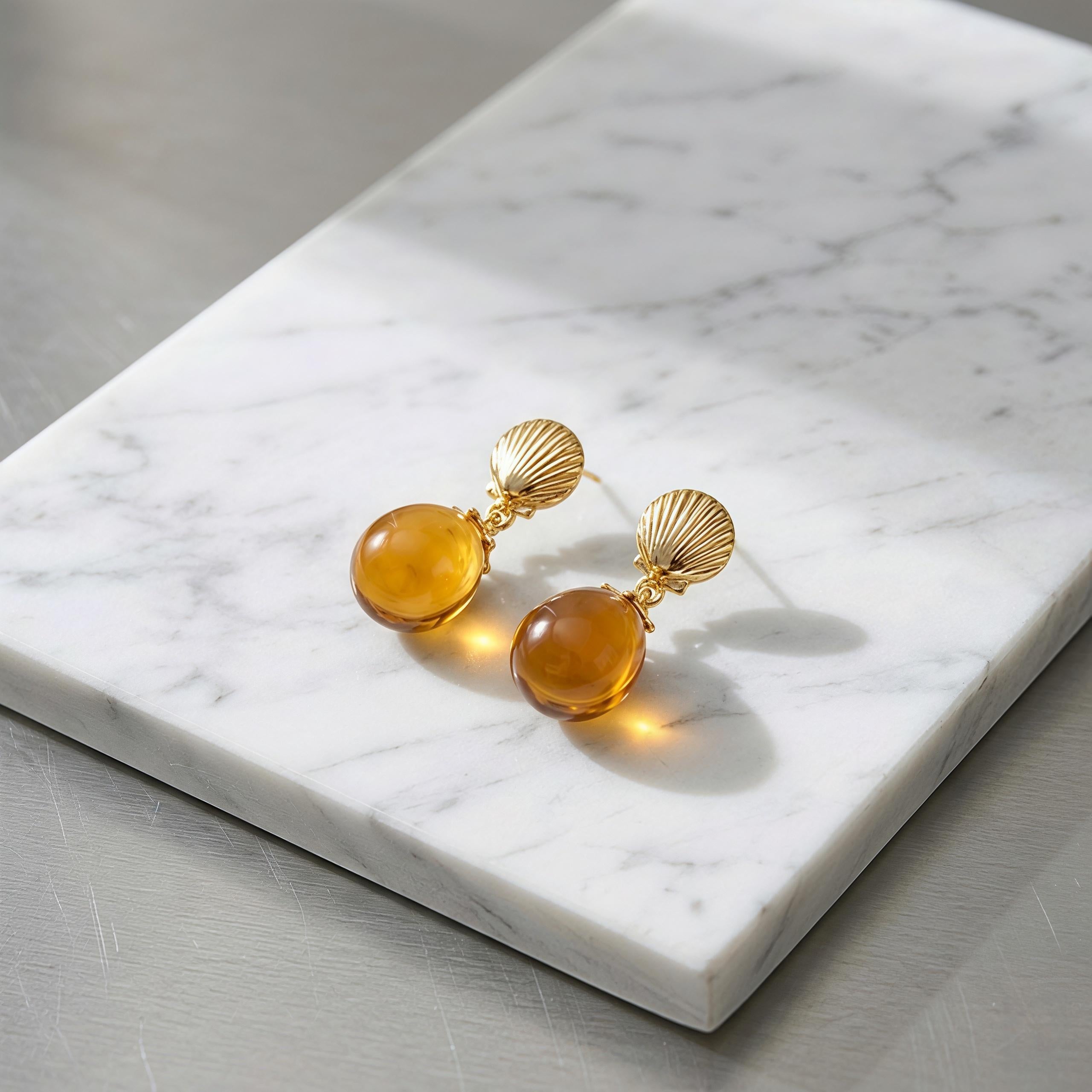 Amber Teardrop Earrings – Vintage Gold Shell & Long Drop Earrings – Elegant Statement Jewelry