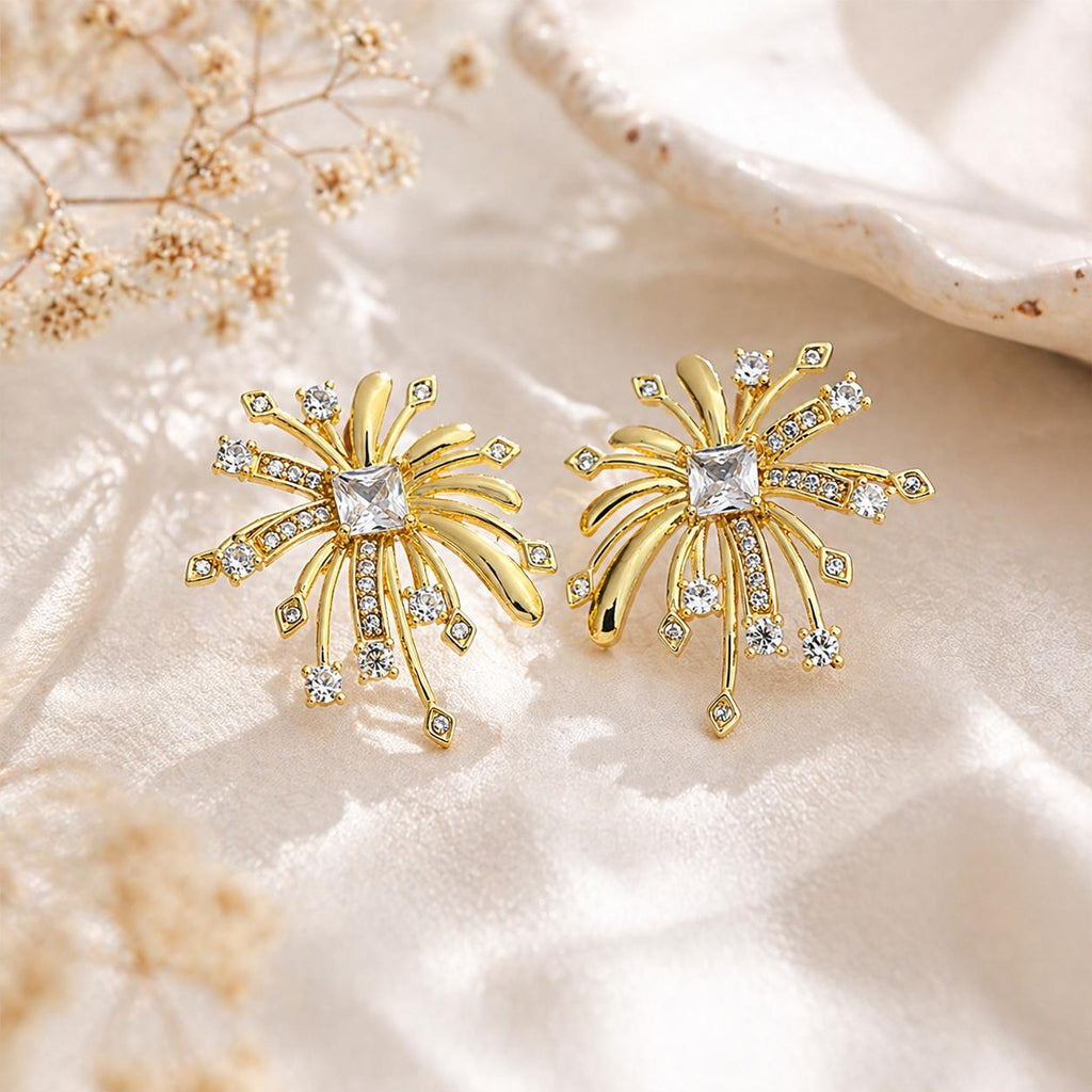 Gold Firework Stud Earrings – CZ Geometric Spark Burst Statement Earrings