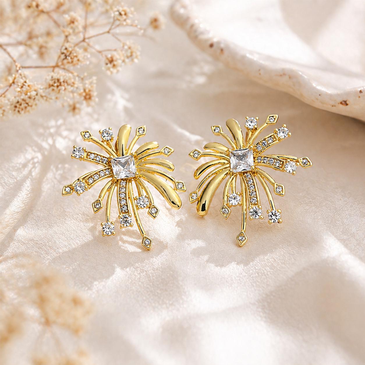 Gold Firework Stud Earrings – CZ Geometric Spark Burst Statement Earrings