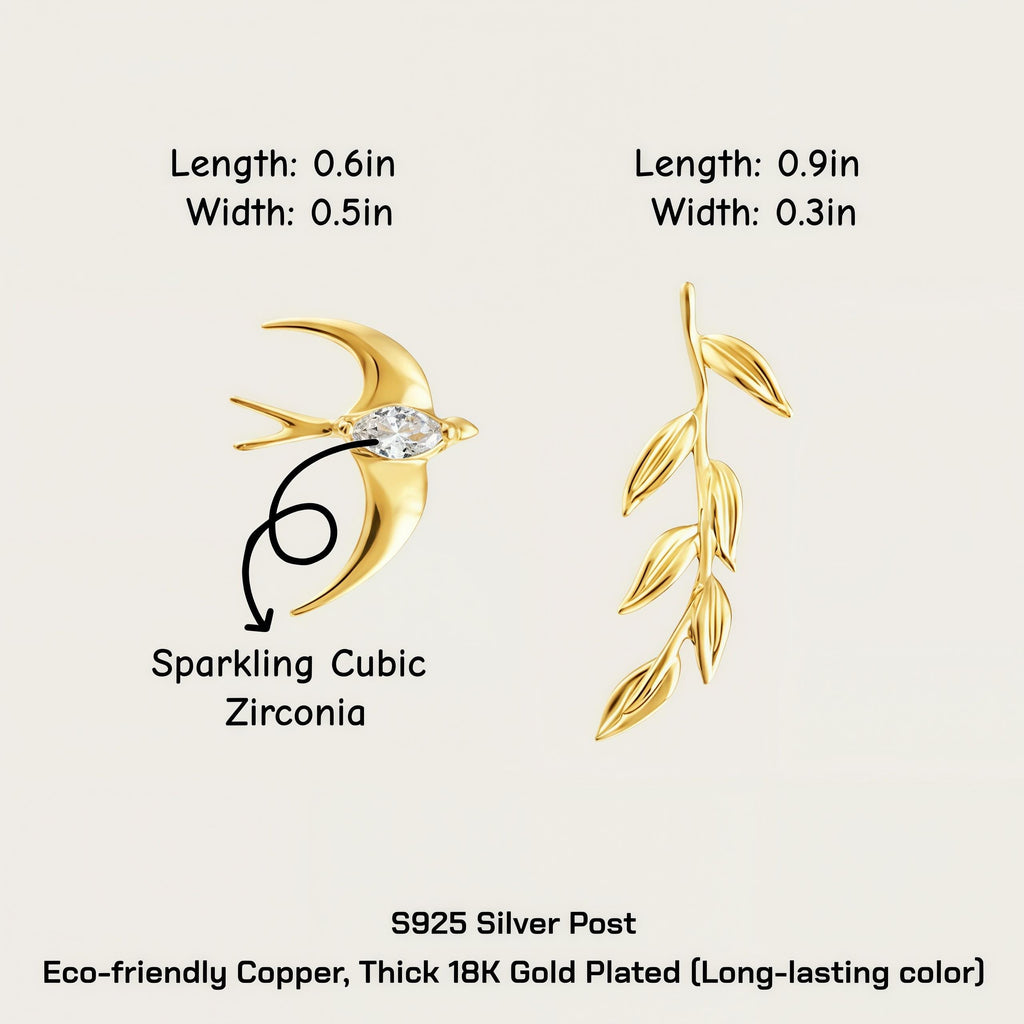Asymmetrical Swallow & Olive Branch Earrings – 18K Gold Plated Bird Earrings with CZ