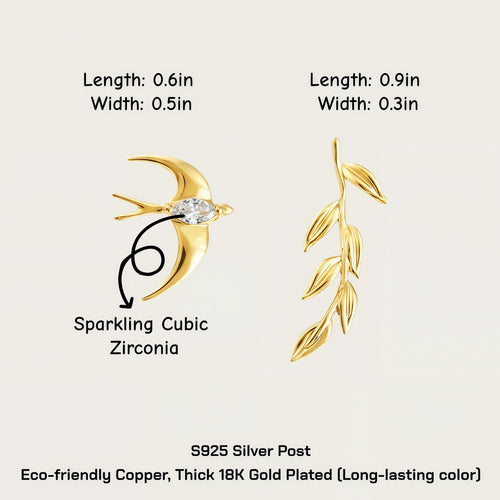 Asymmetrical Swallow & Olive Branch Earrings – 18K Gold Plated Bird Earrings with CZ