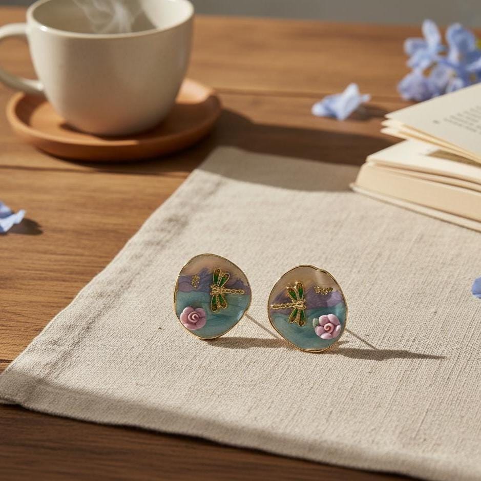 Monet Dragonfly Enamel Earrings – Impressionist Dragonfly & Ceramic Rose Earrings