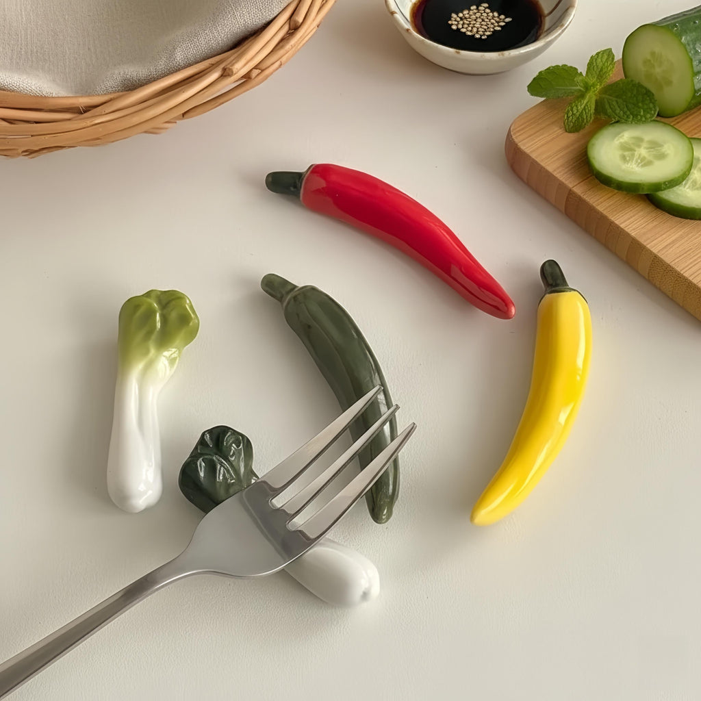 Kawaii Vegetable Ceramic Chopstick Rest | Chili & Bok Choy Spoon Holder