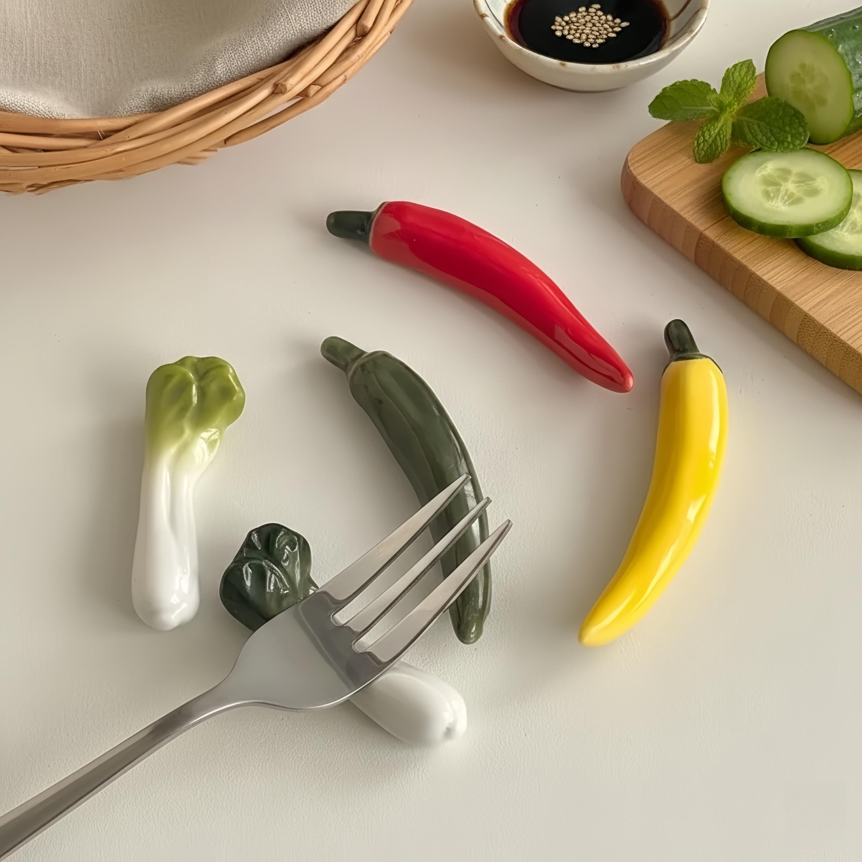 Kawaii Vegetable Ceramic Chopstick Rest | Chili & Bok Choy Spoon Holder