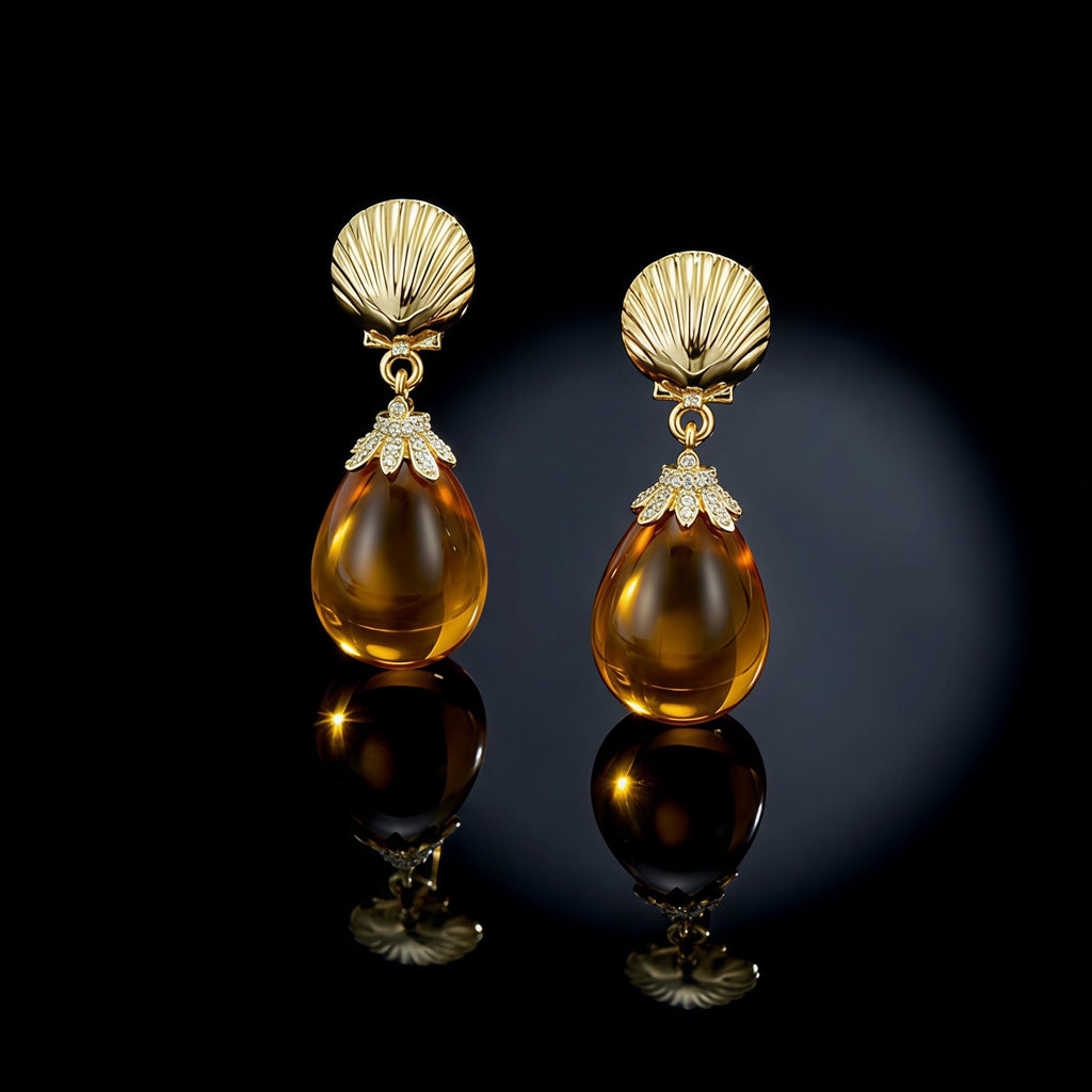 Amber Teardrop Earrings – Vintage Gold Shell & Long Drop Earrings – Elegant Statement Jewelry