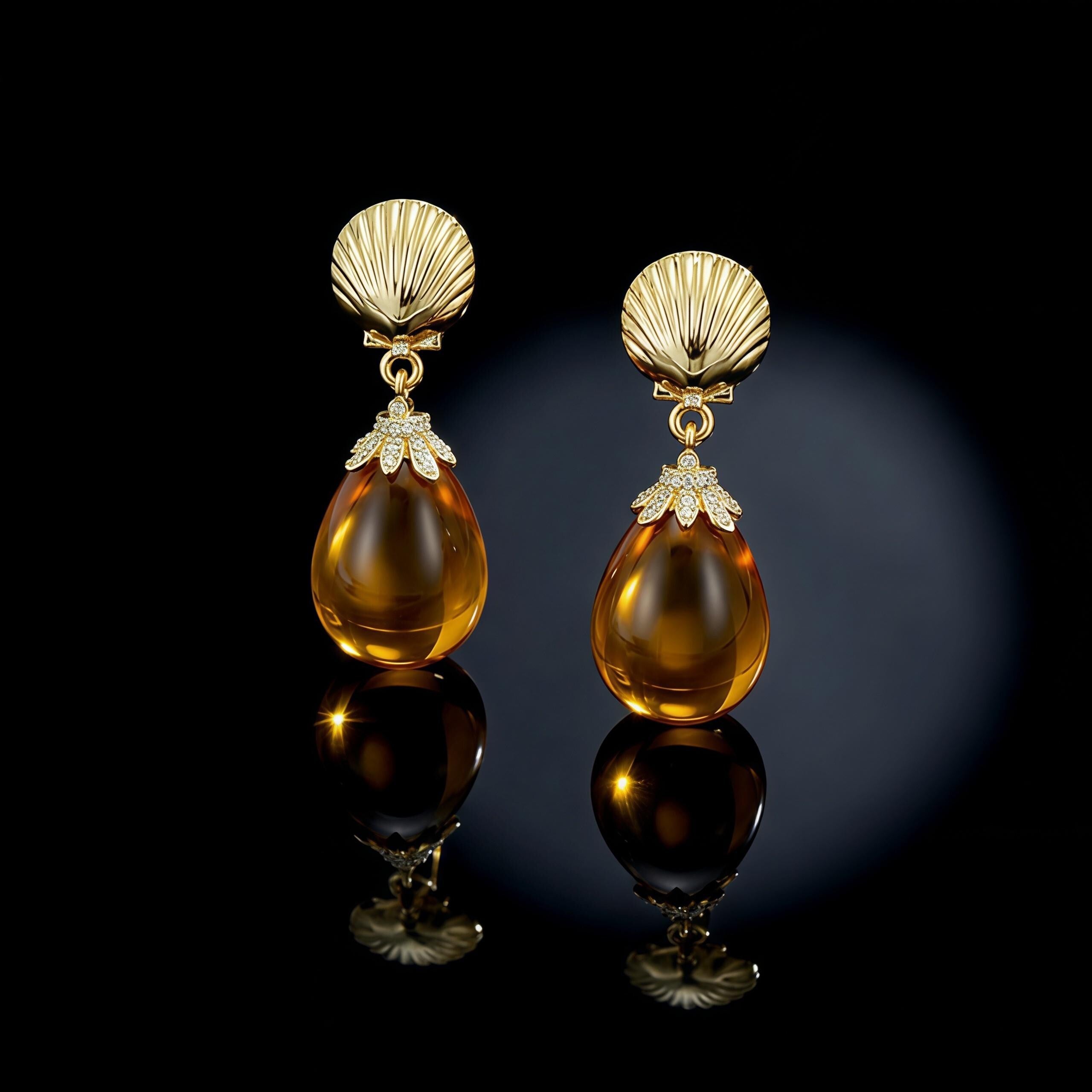 Amber Teardrop Earrings – Vintage Gold Shell & Long Drop Earrings – Elegant Statement Jewelry