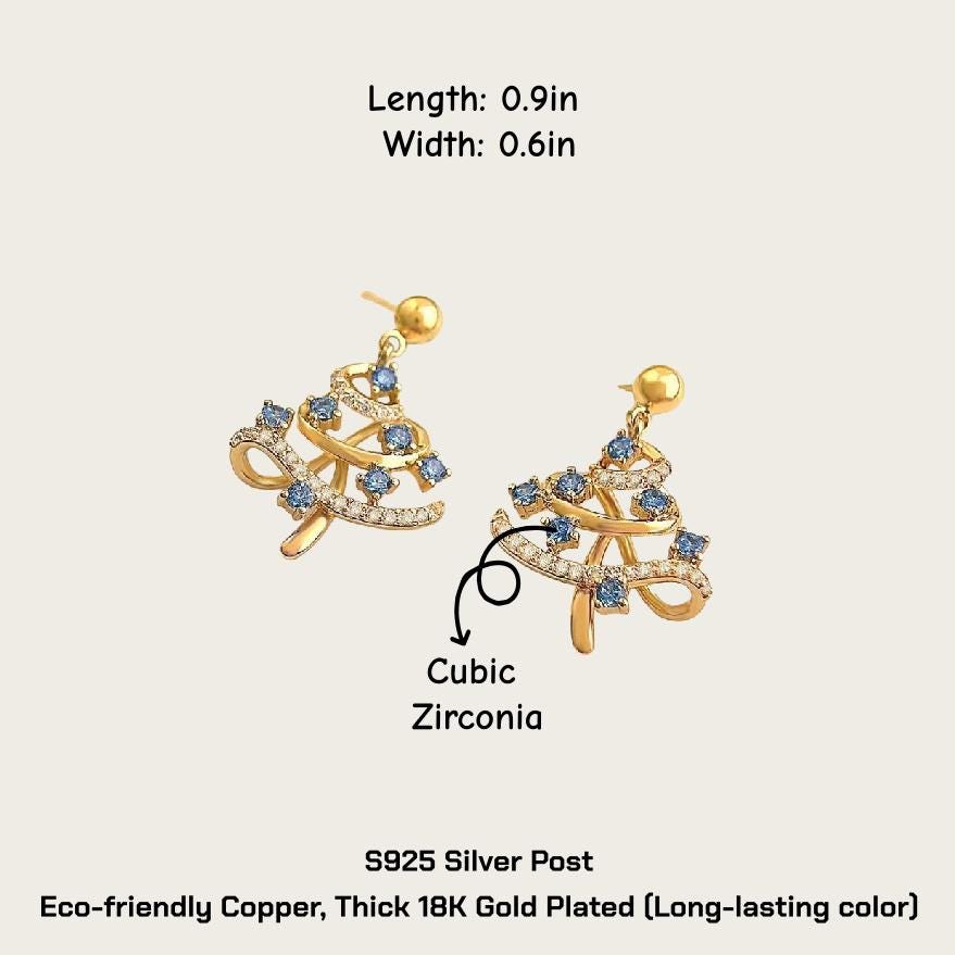 Christmas Tree Earrings – Gold Plated Holiday Earrings with Blue Zircon