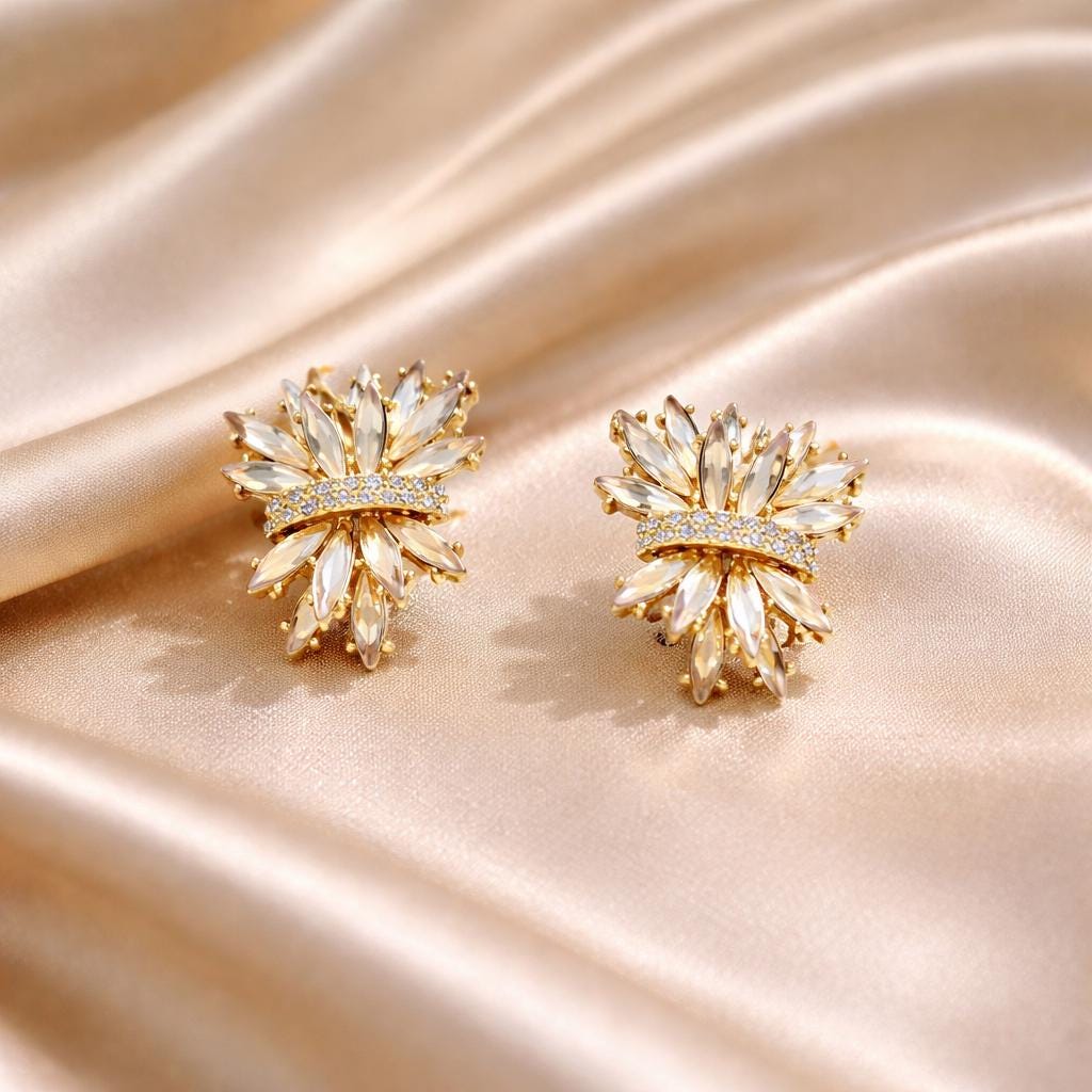 French Vintage Crystal Flower Earrings – Champagne & Clear Ice Bloom Statement Studs