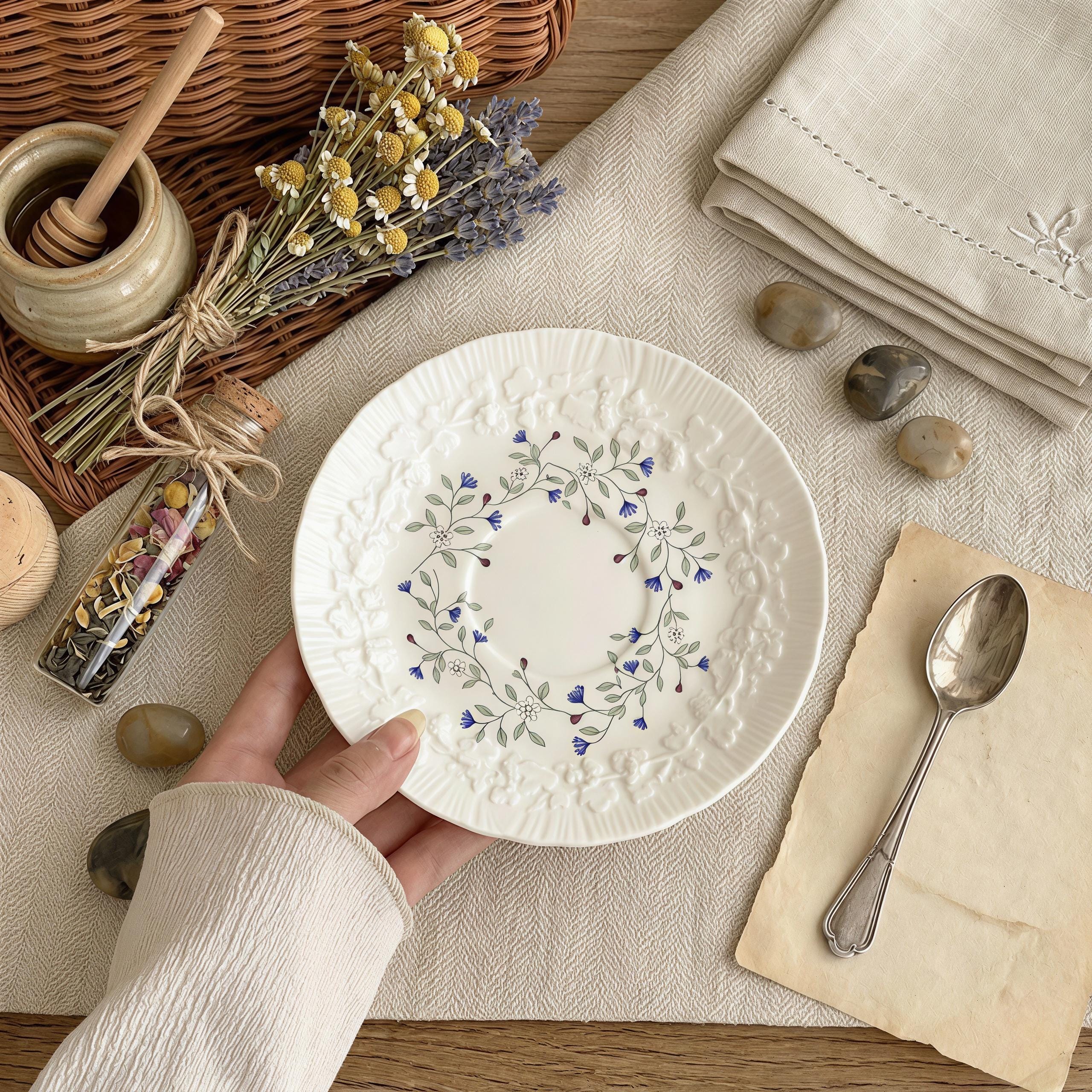Floral Embossed Ceramic Dessert Plate | Vintage French Style Snack Dish