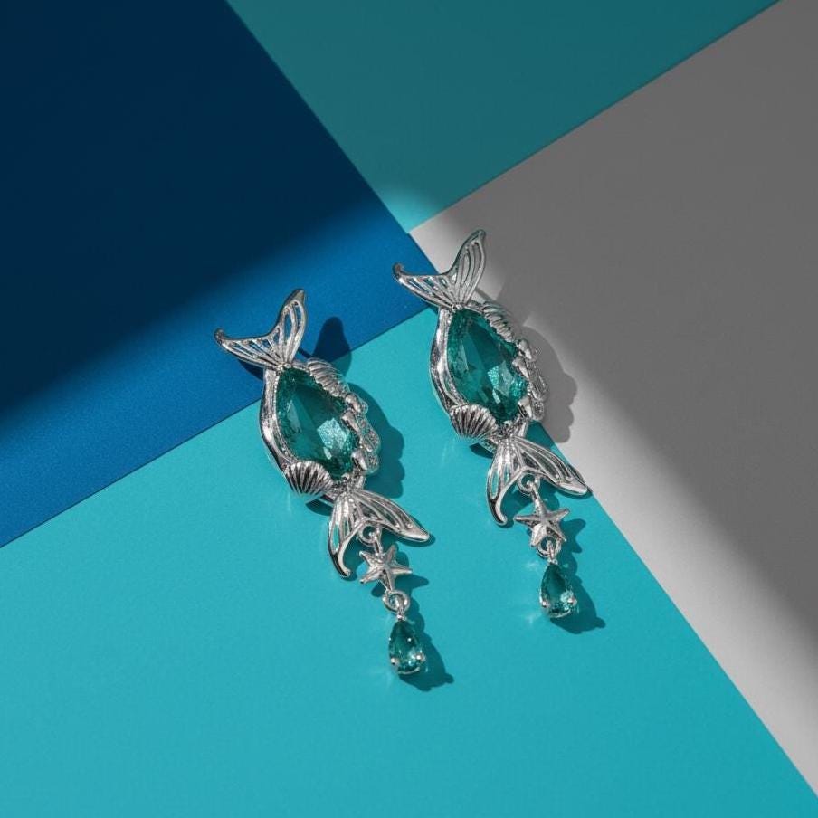 Mermaid Tail Earrings – Ocean-Inspired Fantasy Earrings with Emerald Green Zircon