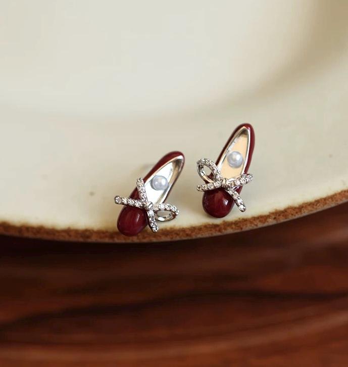 Red High Heel Earrings – Fairy Tale Princess Shoe Earrings with Pearl & CZ