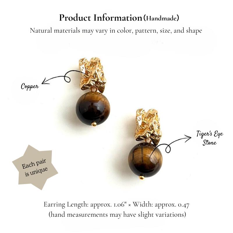 Tiger’s Eye Brass Earrings – Sculptural Gold Plated Statement Earrings