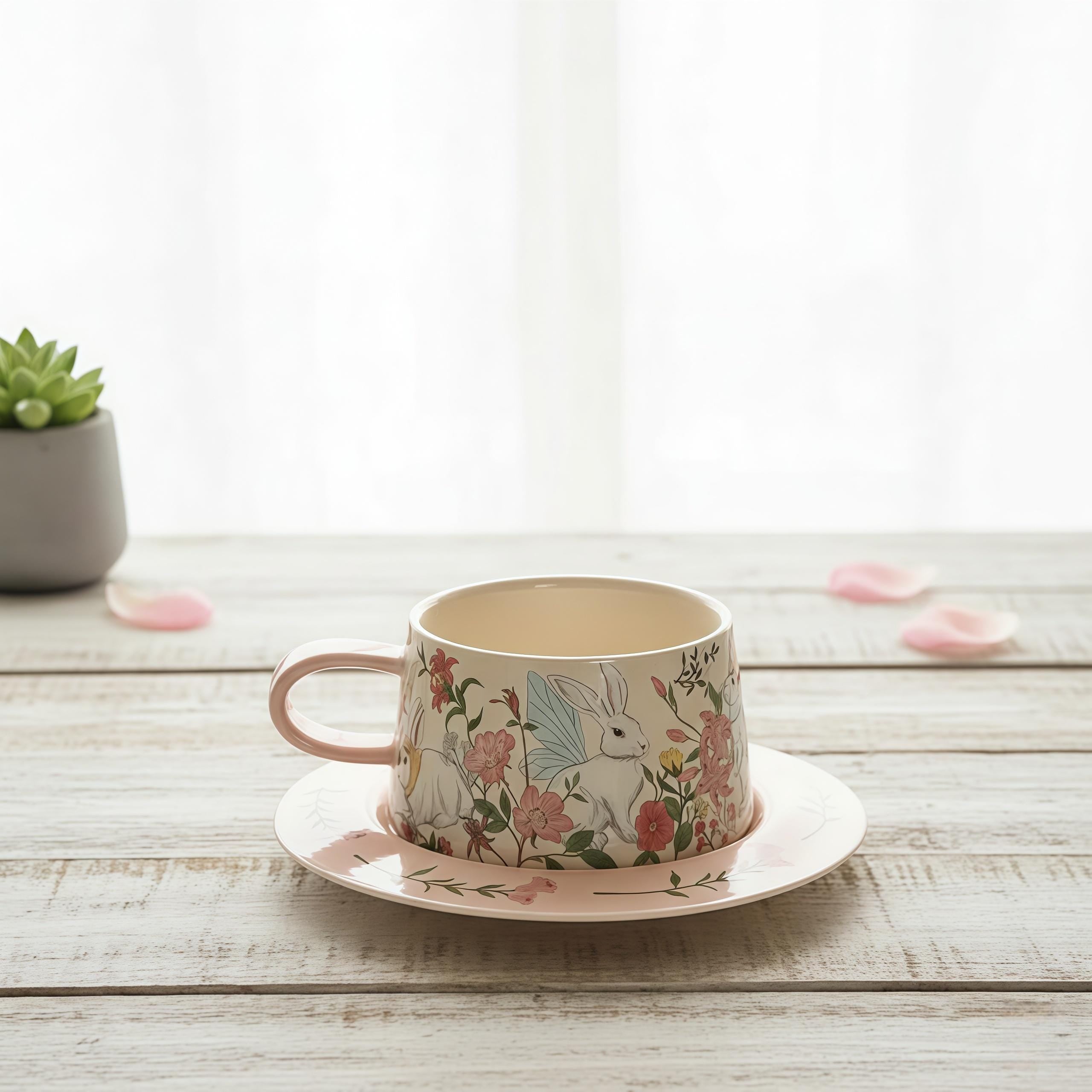 Vintage Rabbit Cup & Saucer Set | Cottagecore Floral Ceramic Coffee Cup