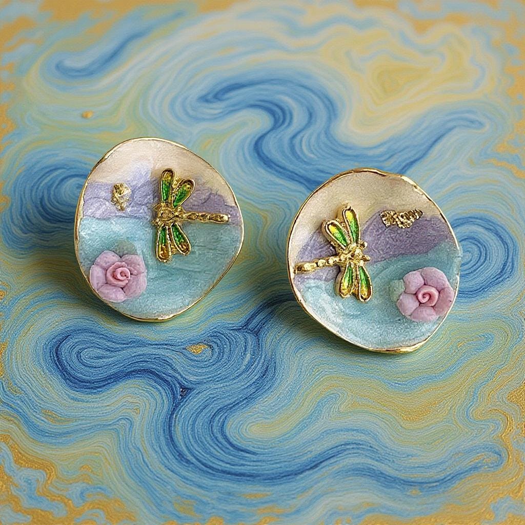 Monet Dragonfly Enamel Earrings – Impressionist Dragonfly & Ceramic Rose Earrings