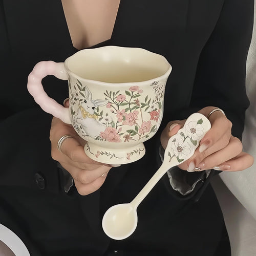 Cottagecore Bunny Mug Set | Hand-Painted Floral Ceramic Coffee Cup