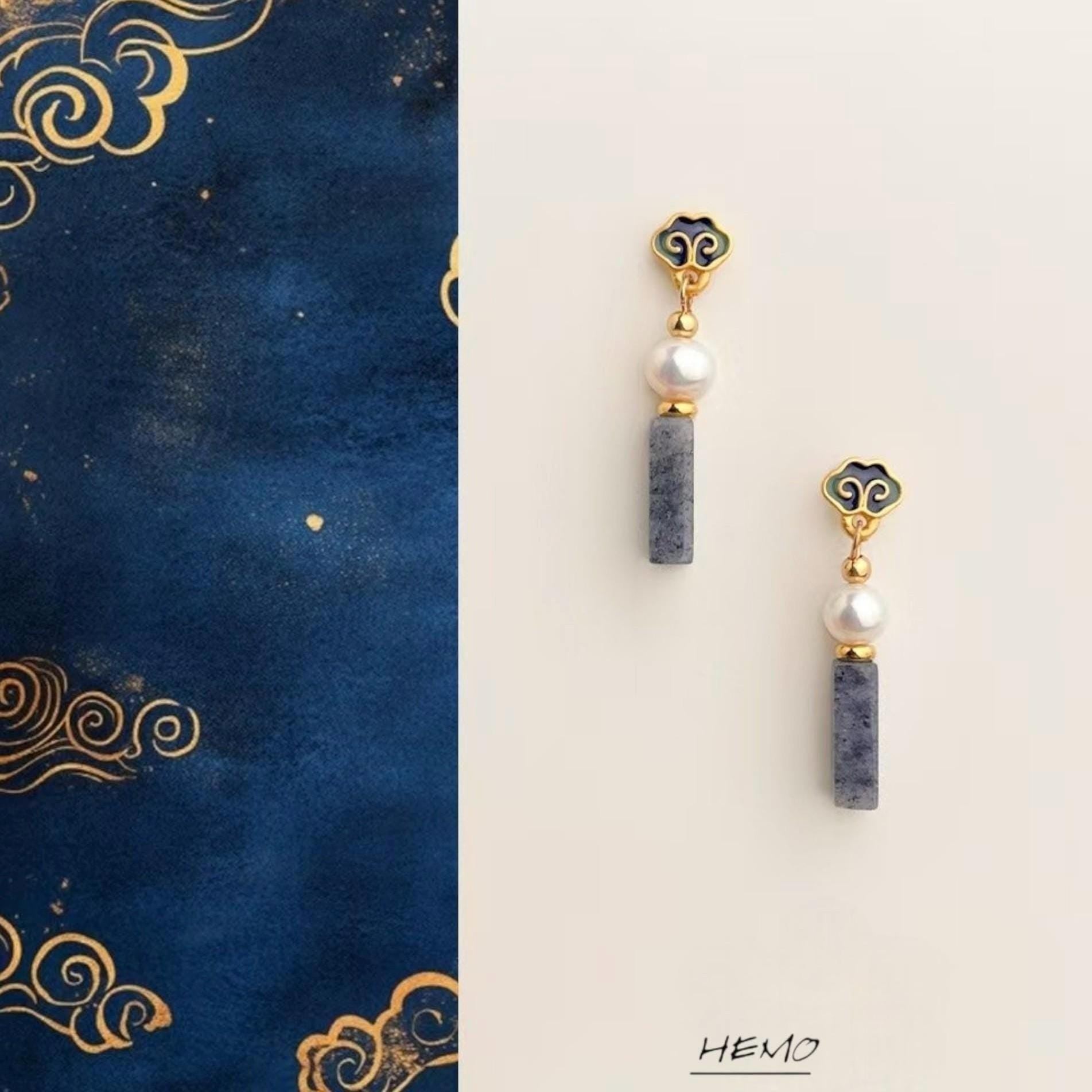 Cloisonné Enamel Earrings – Handmade Pearl & Blue Jasper Earrings