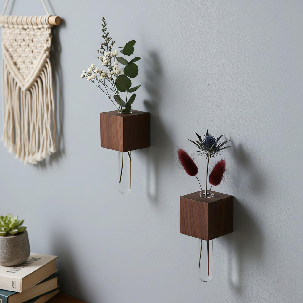 Minimalist Wood Propagation Tube | Magnetic and Adhesive Plant Holder | Walnut & Beech Bud Vase
