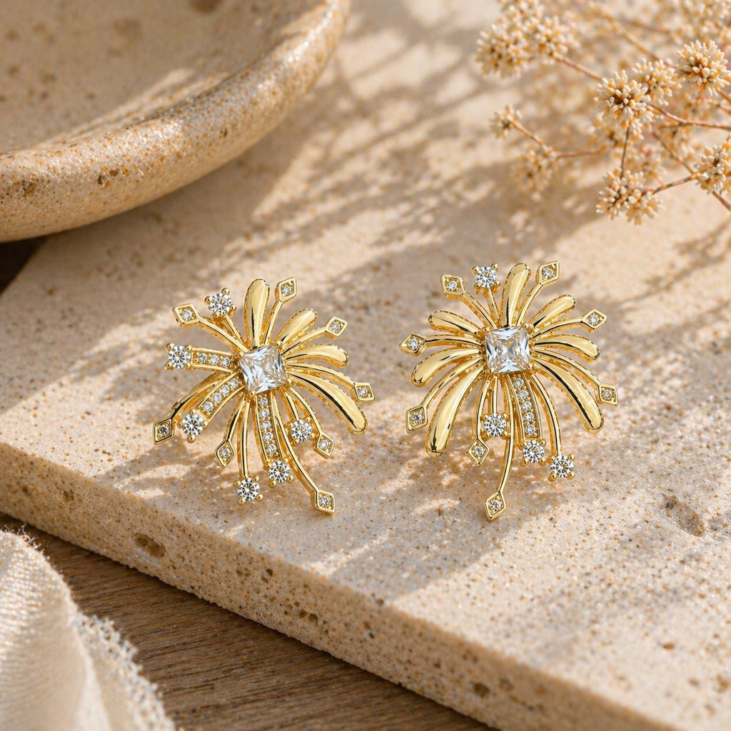 Gold Firework Stud Earrings – CZ Geometric Spark Burst Statement Earrings