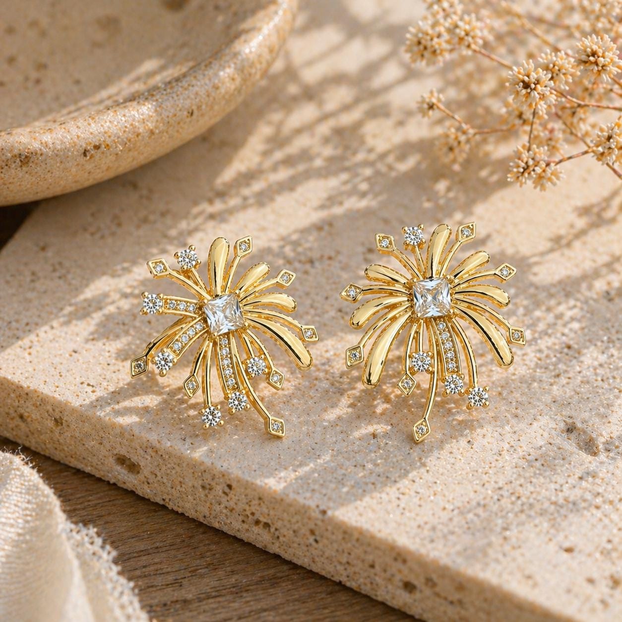 Gold Firework Stud Earrings – CZ Geometric Spark Burst Statement Earrings