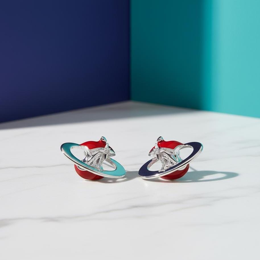 Red Enamel Apple Core Planet Earrings – Surreal Orbit Stud Earrings with CZ