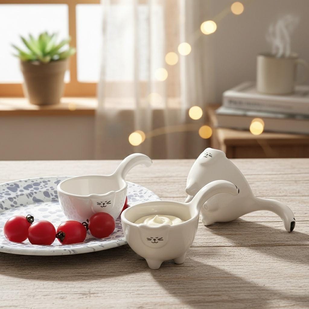 Kawaii Cat Tail Ceramic Dipping Dish | Standing Kitty Sauce Bowl