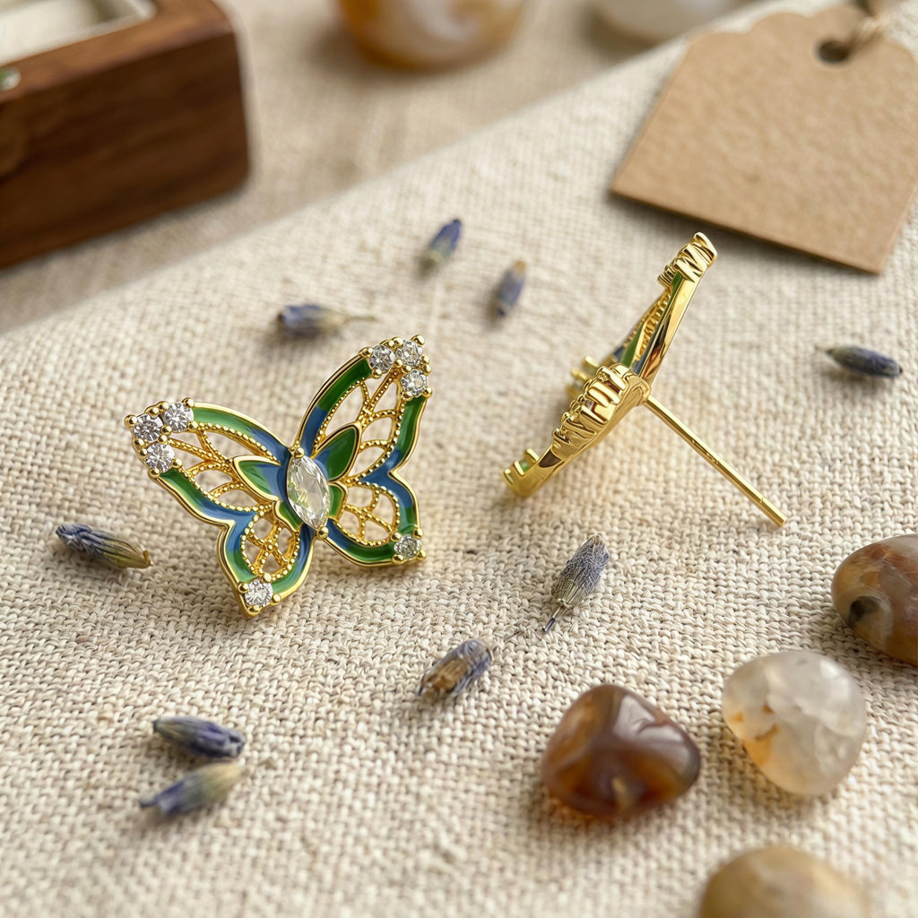 Enamel Butterfly Earrings – Vintage French Style Jewelry – Designer Gift