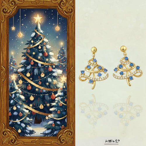 Christmas Tree Earrings – Gold Plated Holiday Earrings with Blue Zircon