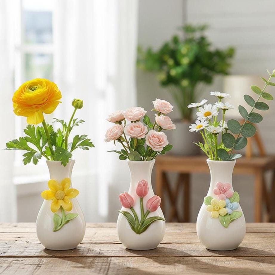 Handmade Floral Ceramic Bud Vase | Mini 3D Flower Pottery