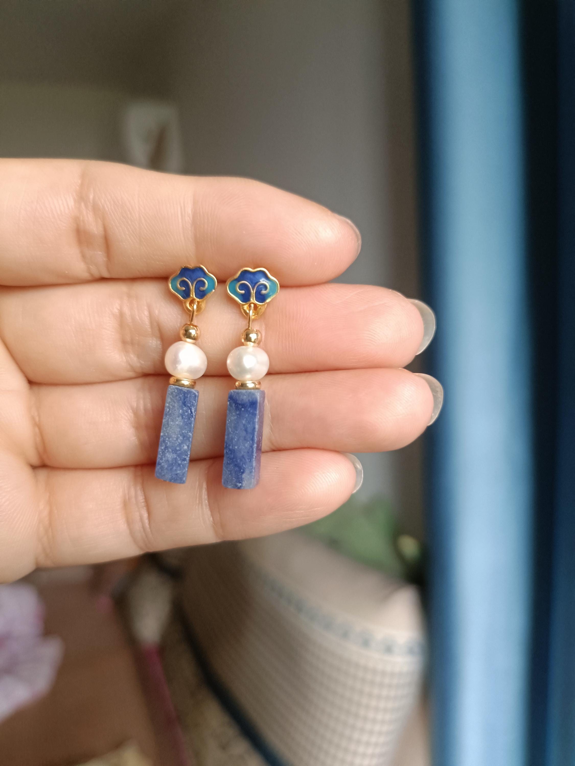 Cloisonné Enamel Earrings – Handmade Pearl & Blue Jasper Earrings