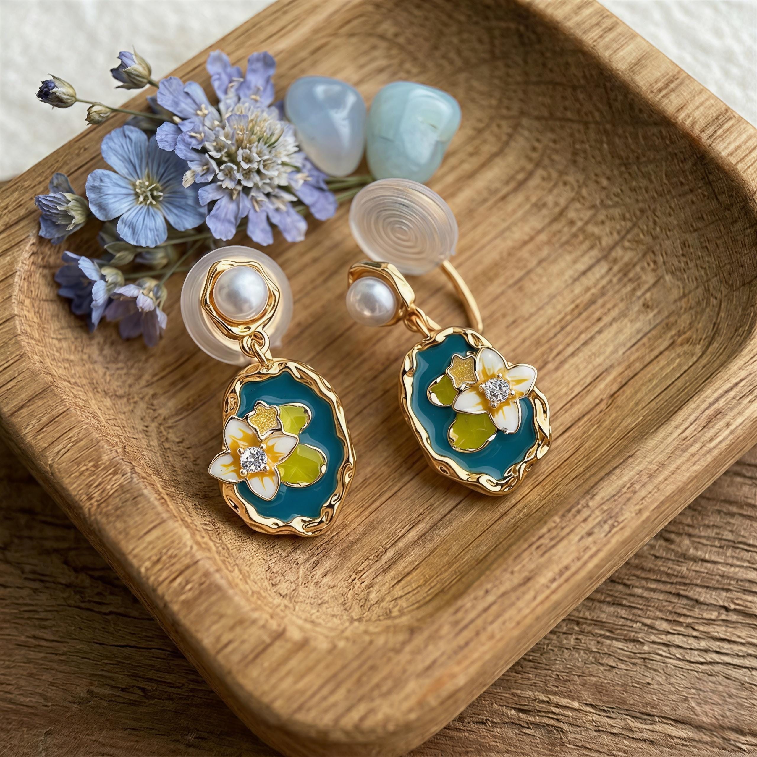 Monet Lotus Earrings – Enamel Floral Art Jewelry with Freshwater Pearl