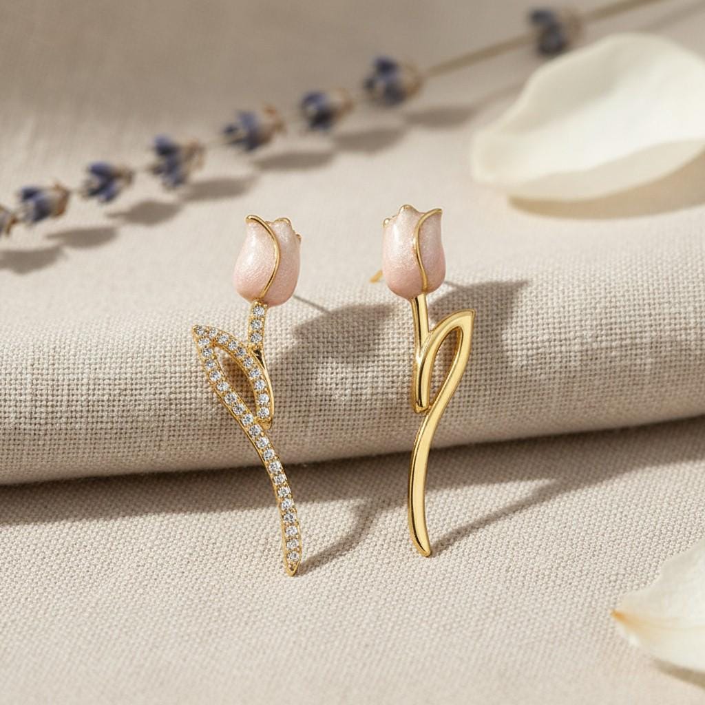 Gold Plated Pink Tulip Earrings – Asymmetrical Spring Flower Earrings