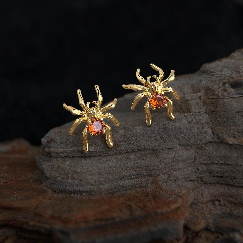 Moonlit Forest Gold Spider Stud Earrings – Mystical Spider Earrings