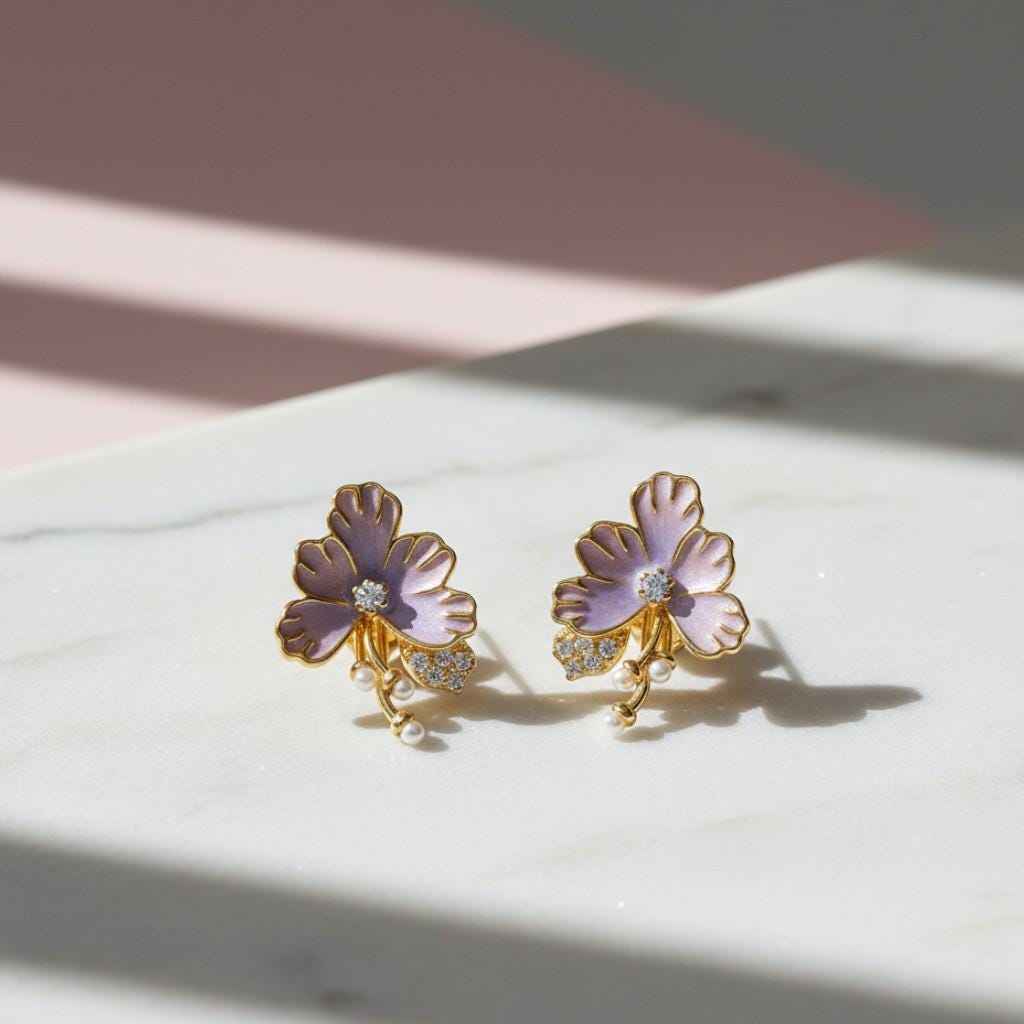Hand-Enameled Lilac Earrings – Floral Pearl Drop Earrings
