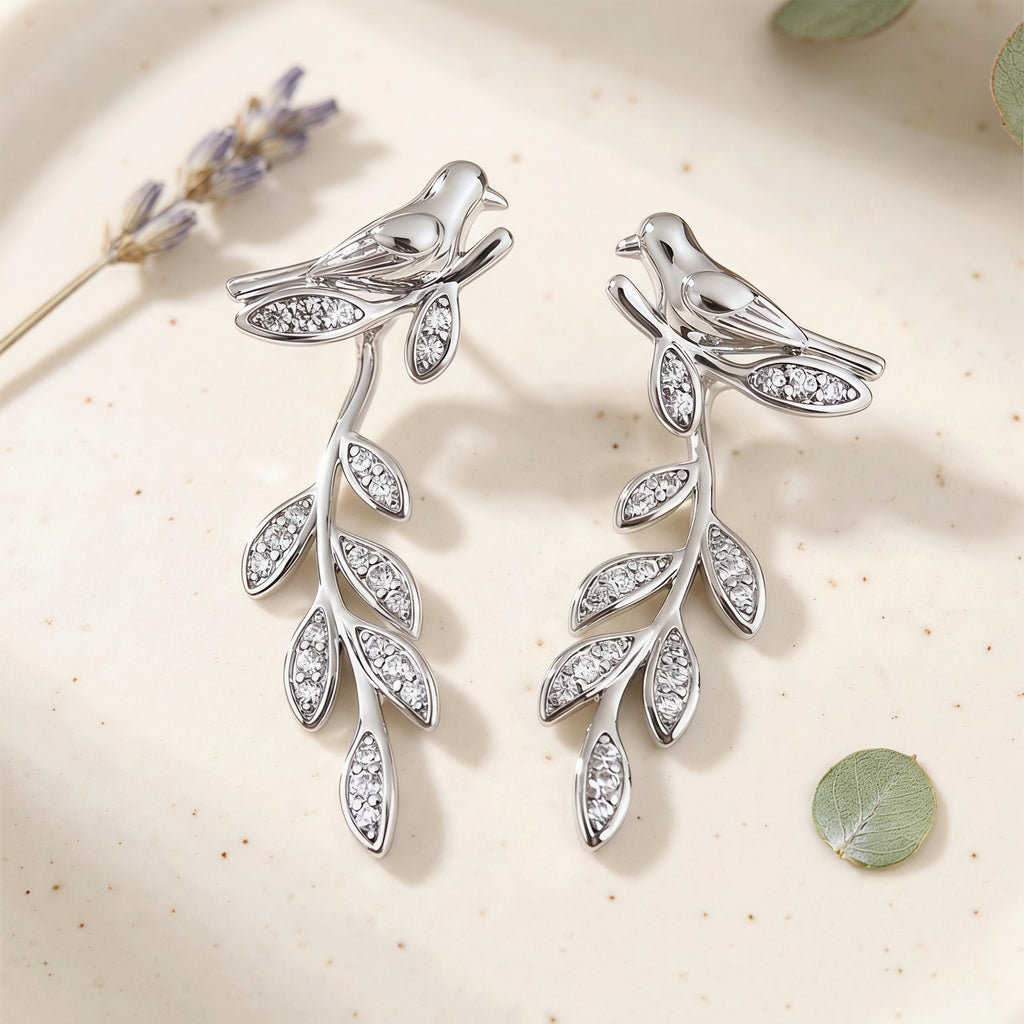 Silver Bird Branch Dangle Earrings – CZ Leaf Drop Earrings