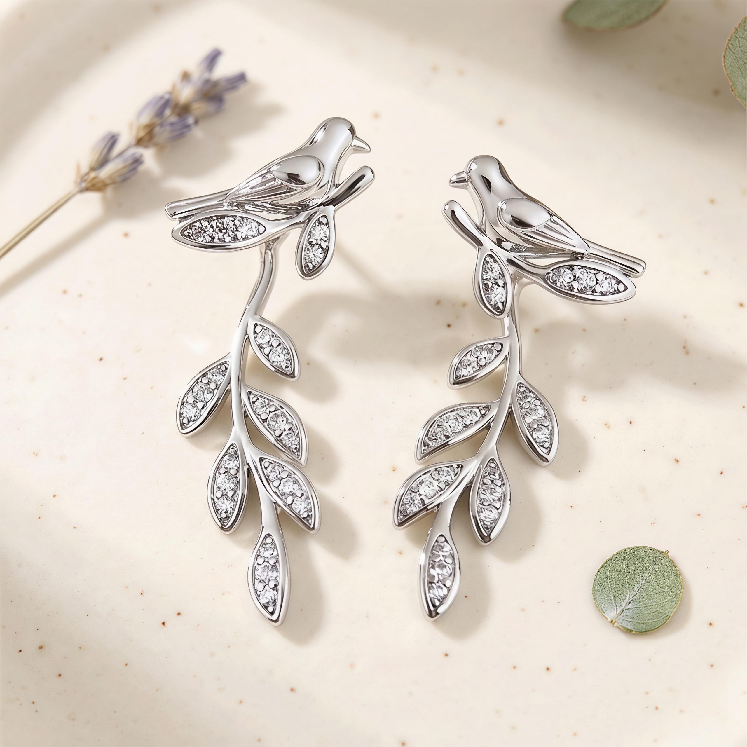 Silver Bird Branch Dangle Earrings – CZ Leaf Drop Earrings