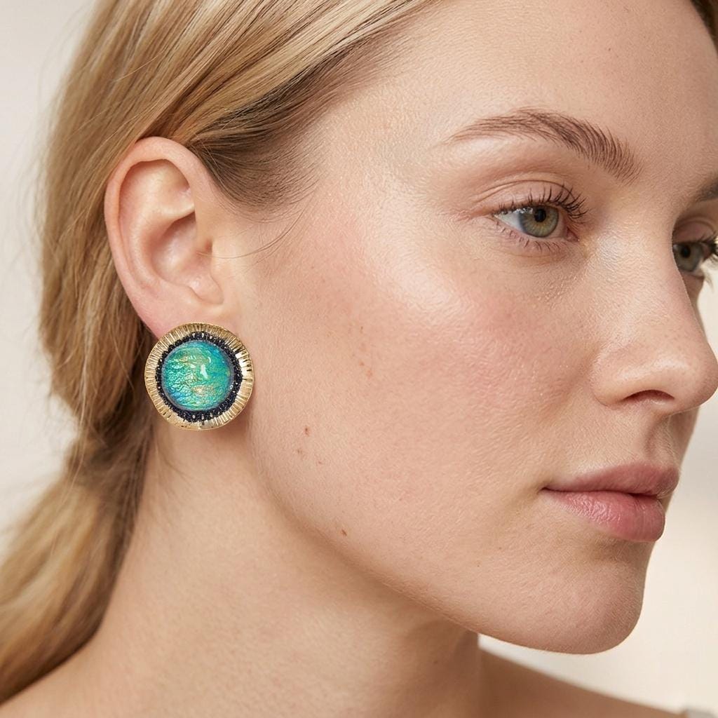 Vintage Gold Foil Glass Stud Earrings – Round Art Glass Statement Earrings