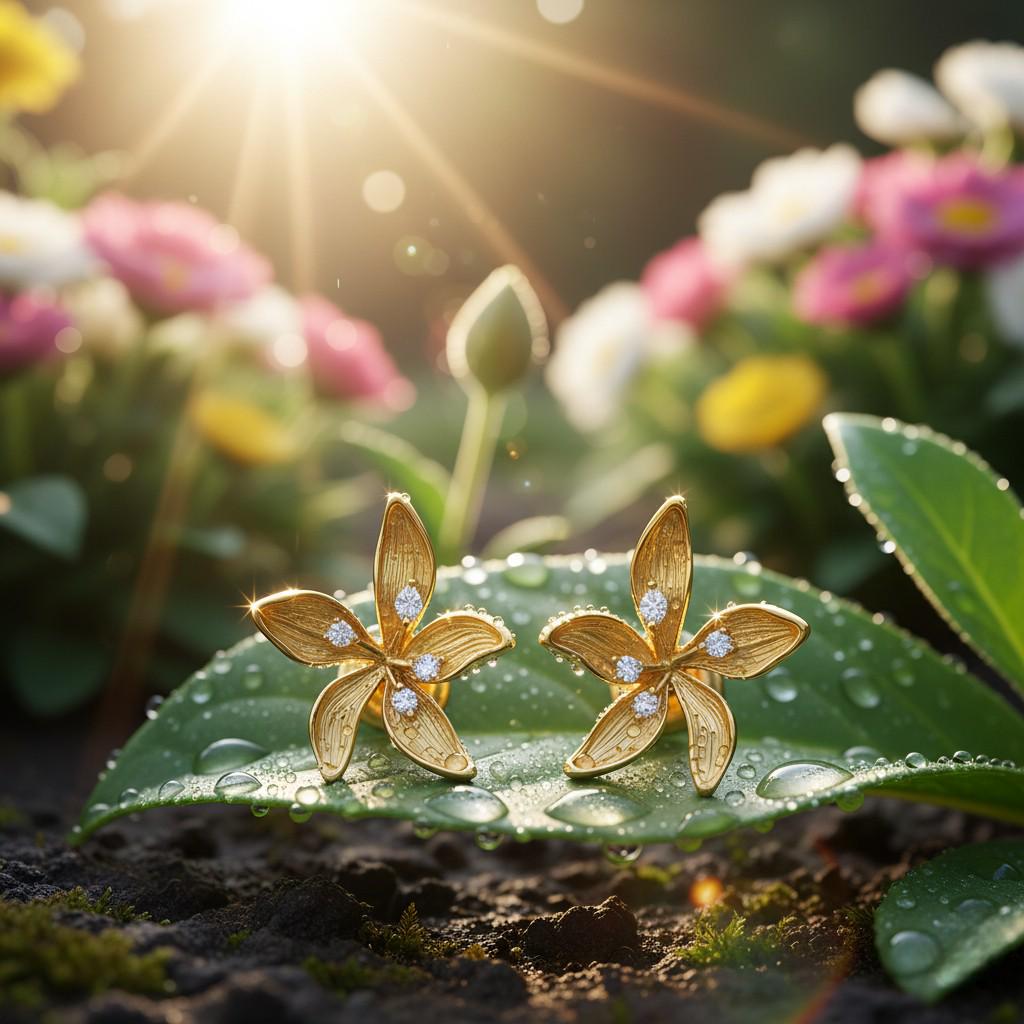 Morning Bloom Gold Flower Stud Earrings – 18K Gold Plated Floral Earrings, CZ Dew Drop Earrings