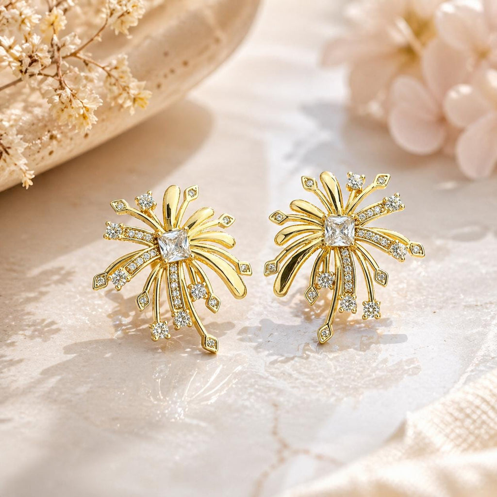 Gold Firework Stud Earrings – CZ Geometric Spark Burst Statement Earrings