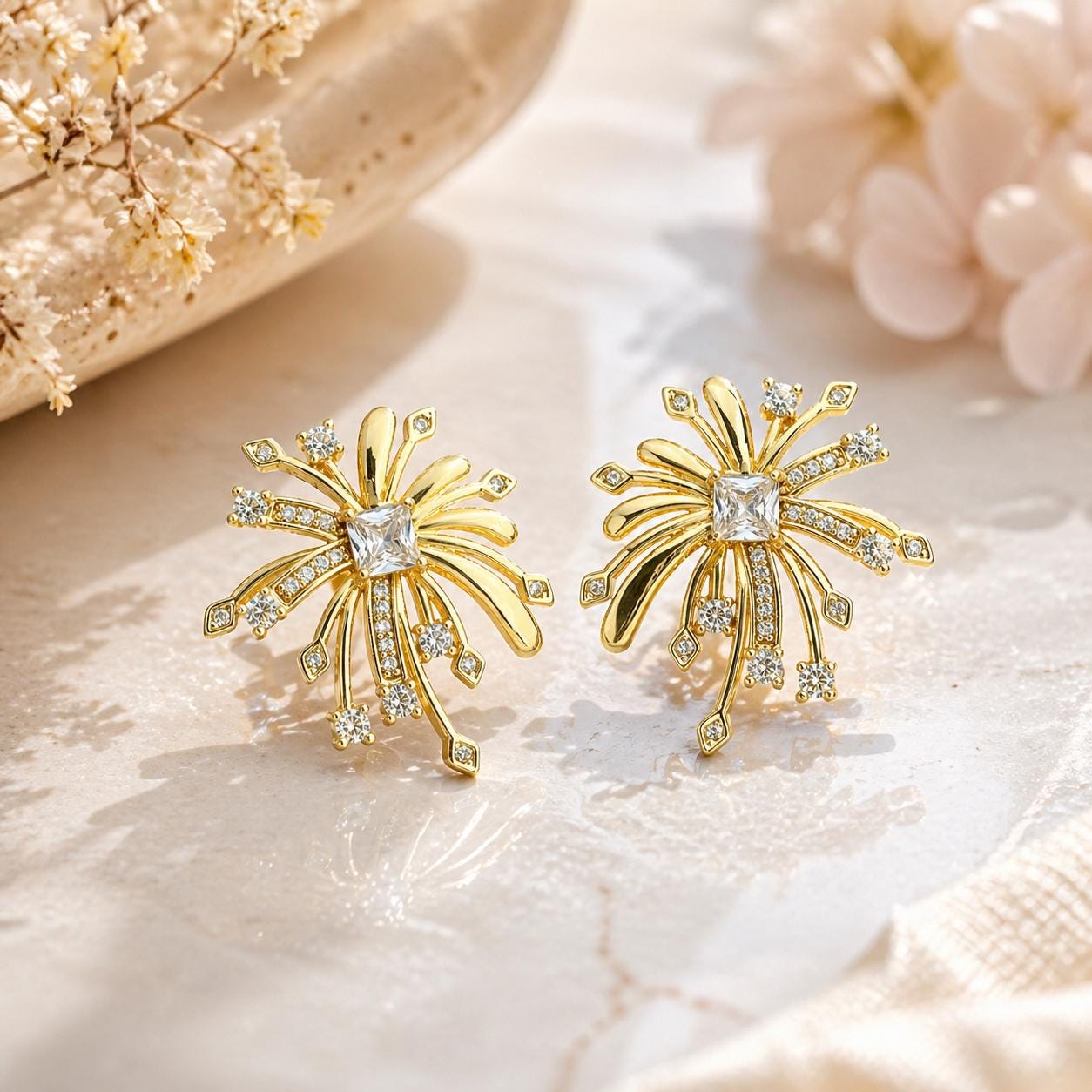 Gold Firework Stud Earrings – CZ Geometric Spark Burst Statement Earrings