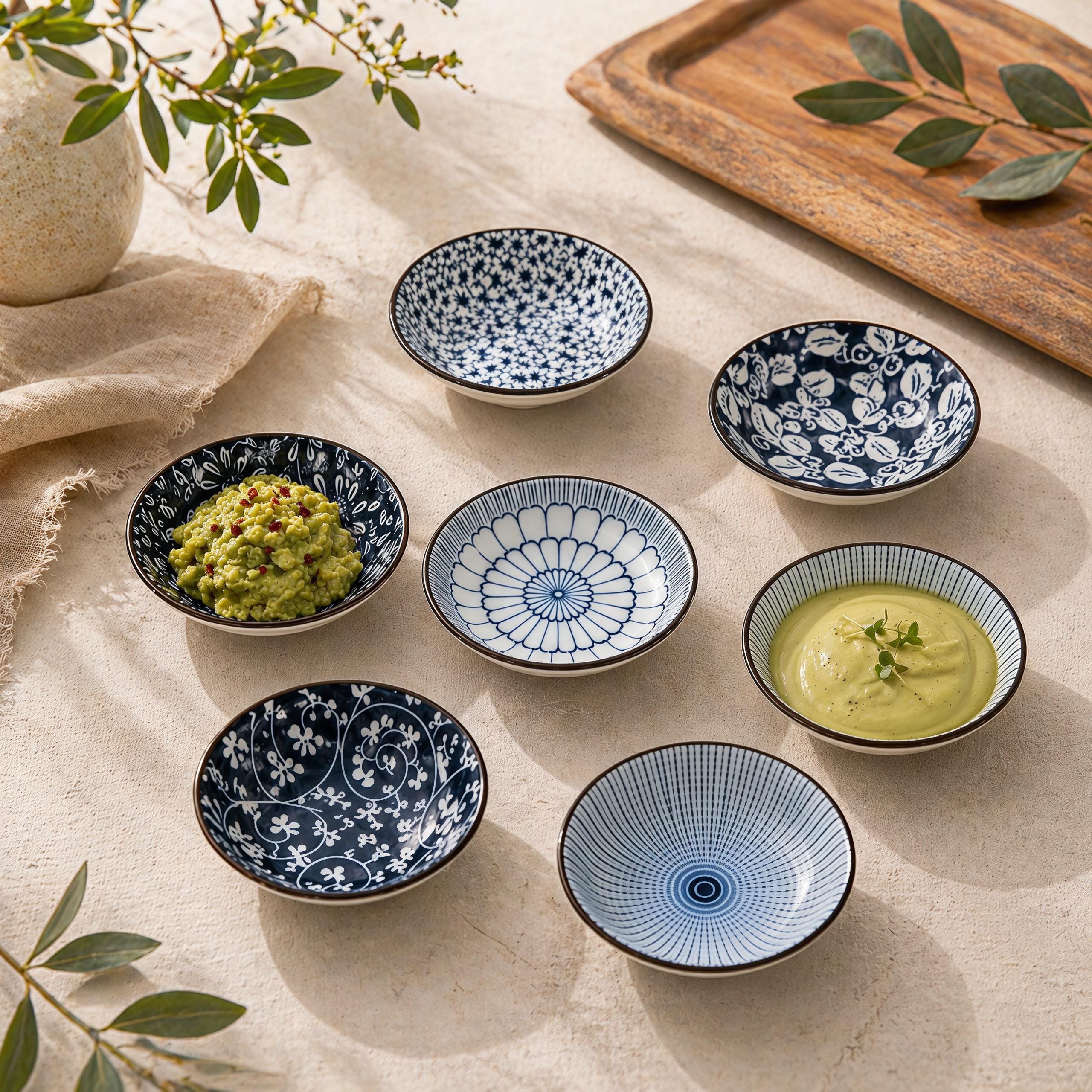 Blue & White Japanese Sauce Dishes Set of 6 | 4.1" Ceramic Dipping Bowl | Floral Pattern Dish
