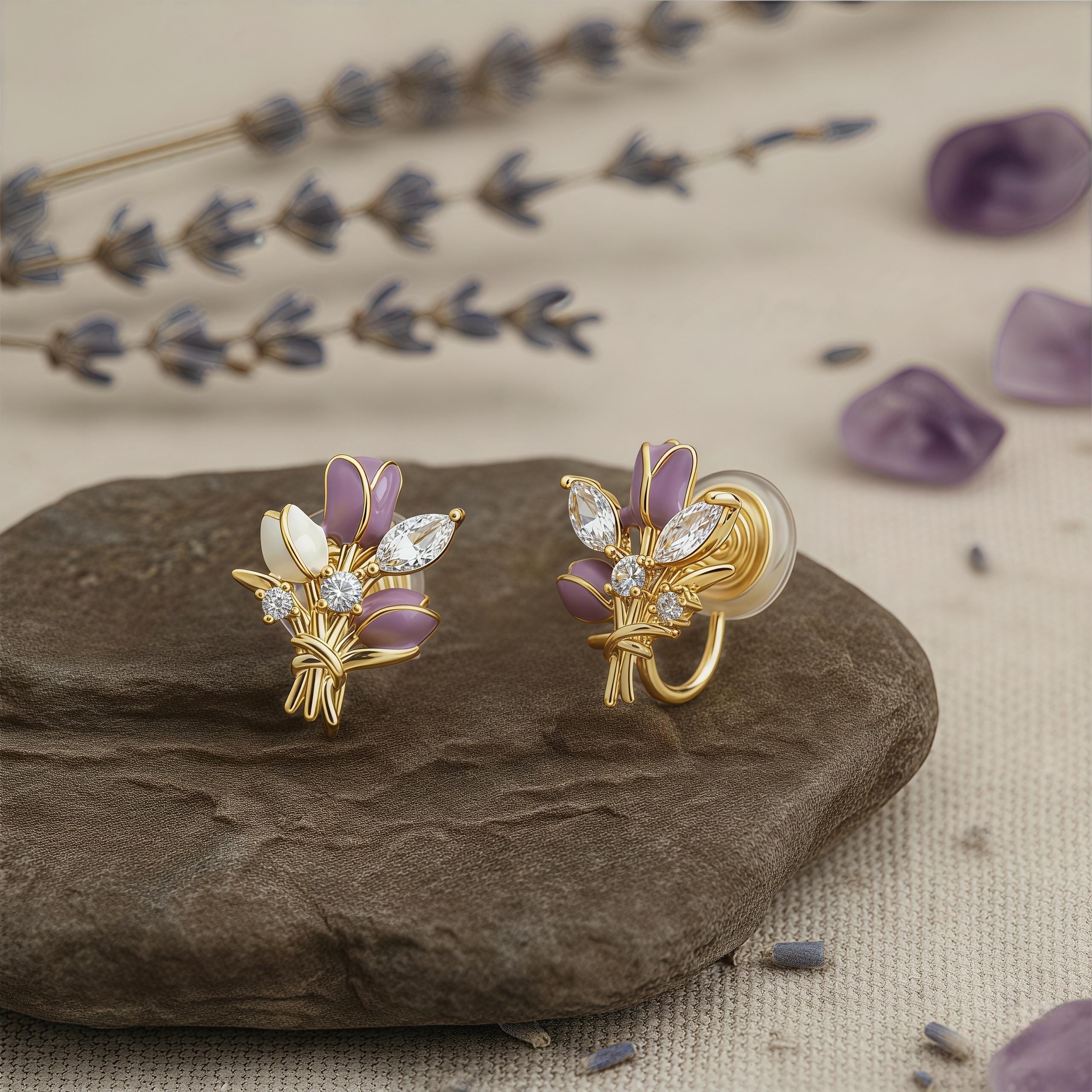 Purple Tulip Bouquet Stud Earrings – Enamel Flower & Zirconia, 18K Gold Plated Floral Jewelry