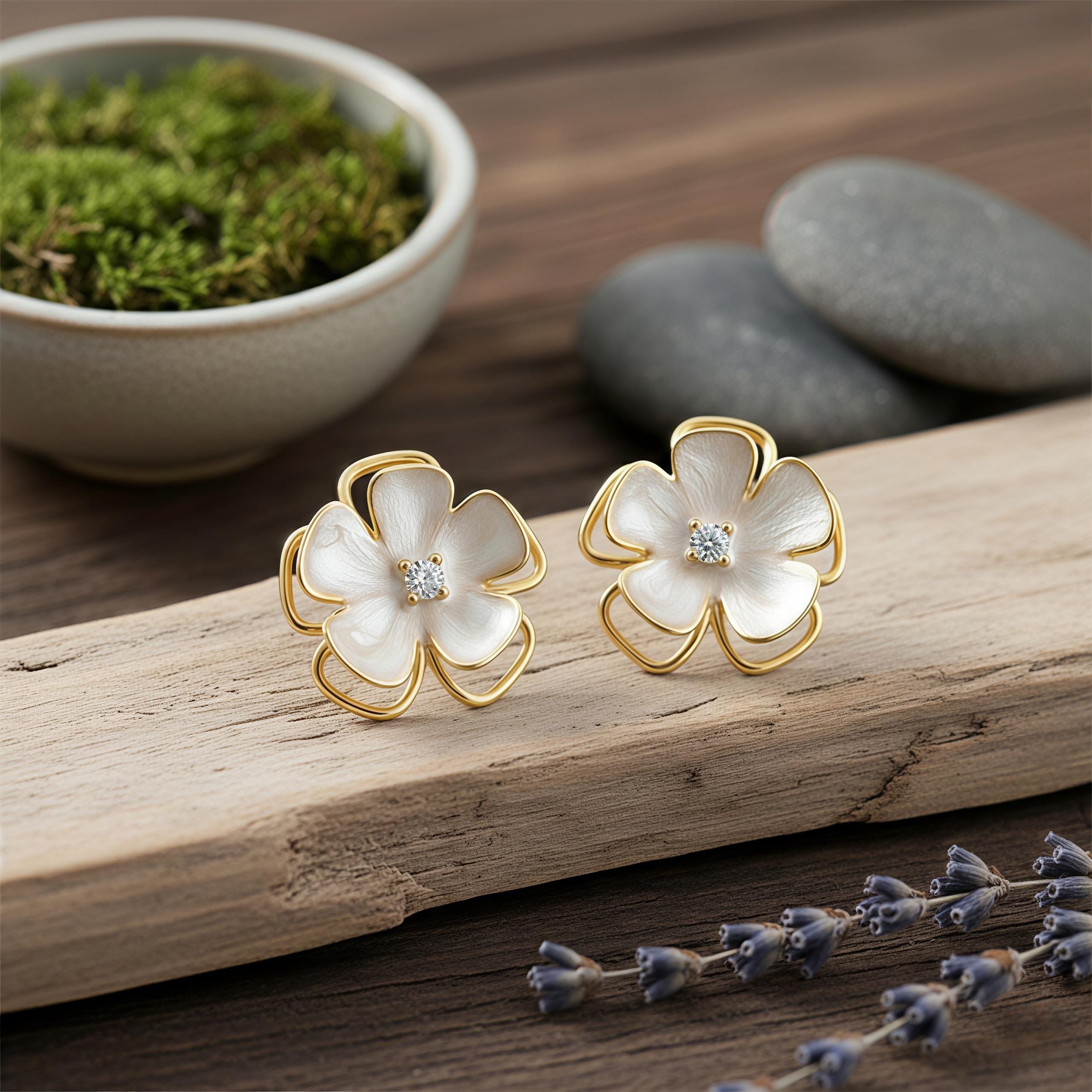 Elegant White Enamel Camellia Earrings – 18K Gold Plated Floral Studs with CZ
