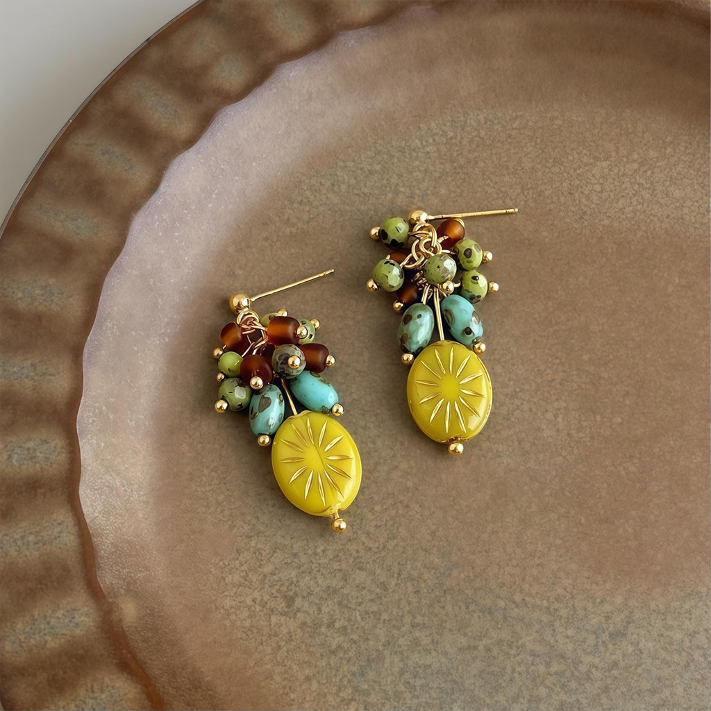 Van Gogh Field Inspired Earrings – Handmade Vintage Cluster Dangle Earrings